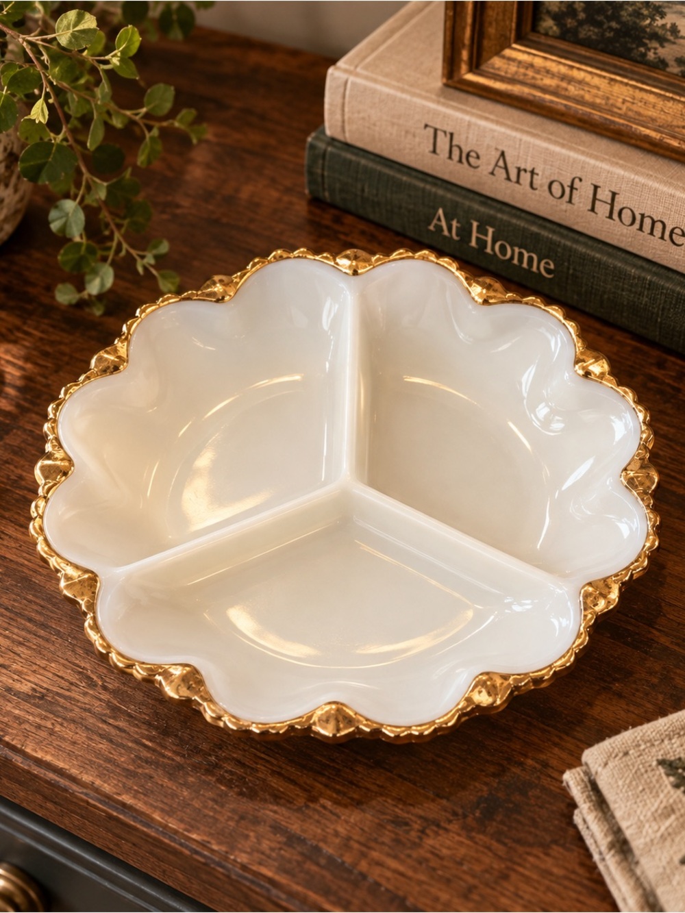 Vintage White and Gold Milk Glass Scalloped Divided Serving Dish